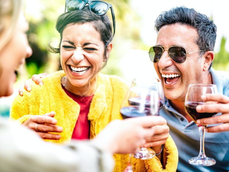 Genuine friends drinking red wine at home pic nic party